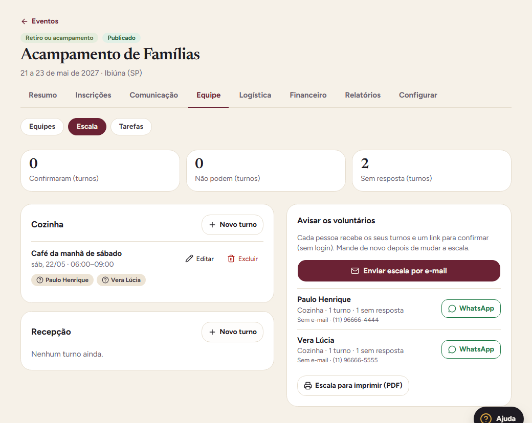 Escala com turnos e confirmações