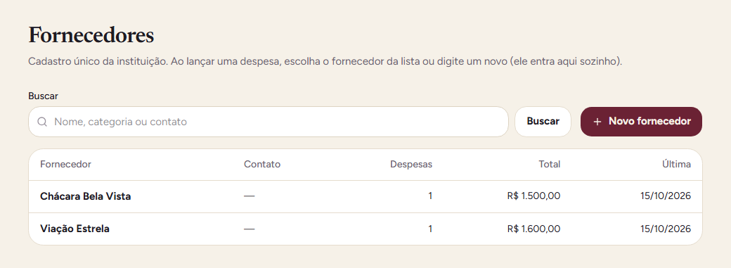 Cadastro de fornecedores