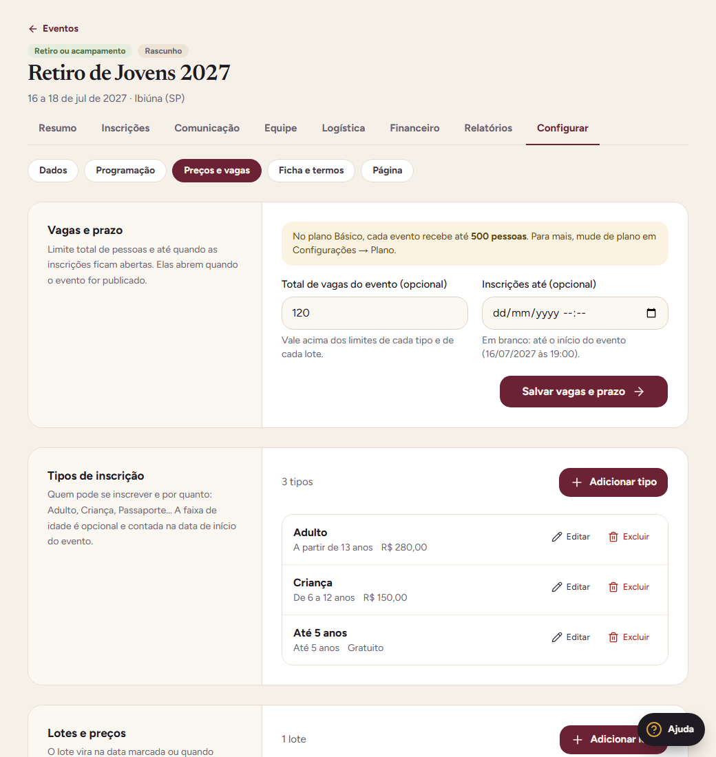 Preços, lotes e vagas do evento